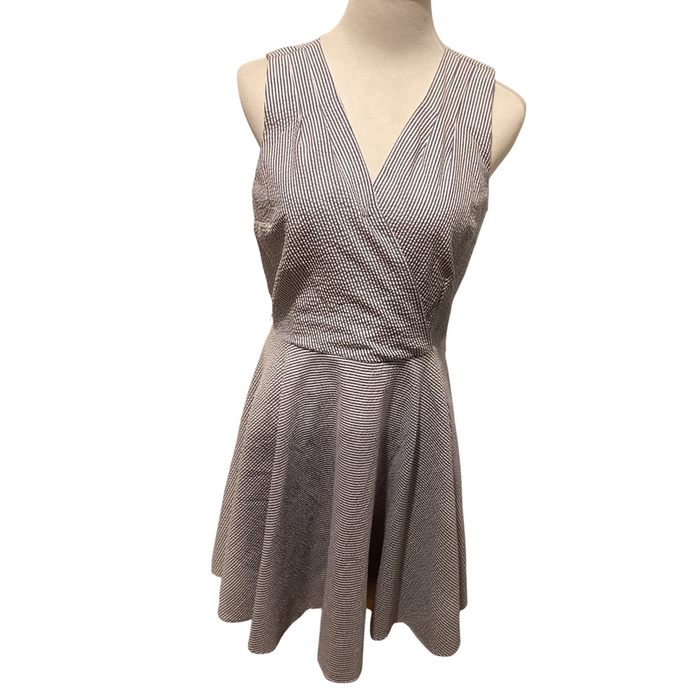 Maison Jules Navy White Striped Seersucker Wrap Fit Flare Dress Women's Size L